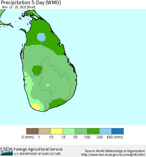 Sri Lanka Precipitation 5-Day (WMO) Thematic Map For 11/21/2021 - 11/25/2021