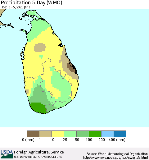 Sri Lanka Precipitation 5-Day (WMO) Thematic Map For 12/1/2021 - 12/5/2021
