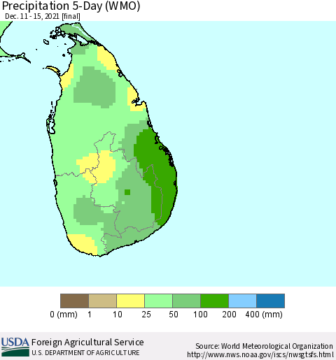 Sri Lanka Precipitation 5-Day (WMO) Thematic Map For 12/11/2021 - 12/15/2021