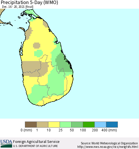 Sri Lanka Precipitation 5-Day (WMO) Thematic Map For 12/16/2021 - 12/20/2021