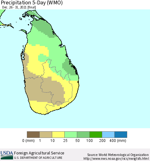 Sri Lanka Precipitation 5-Day (WMO) Thematic Map For 12/26/2021 - 12/31/2021