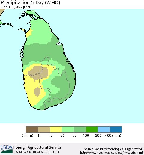 Sri Lanka Precipitation 5-Day (WMO) Thematic Map For 1/1/2022 - 1/5/2022