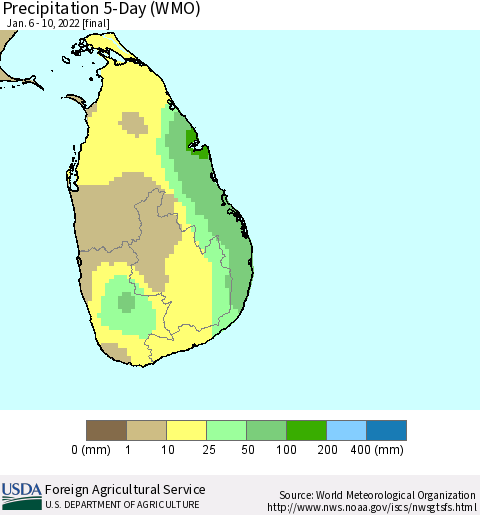 Sri Lanka Precipitation 5-Day (WMO) Thematic Map For 1/6/2022 - 1/10/2022