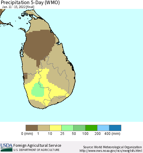 Sri Lanka Precipitation 5-Day (WMO) Thematic Map For 1/11/2022 - 1/15/2022