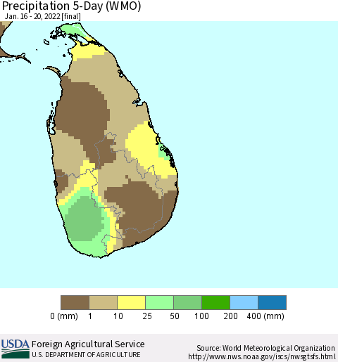 Sri Lanka Precipitation 5-Day (WMO) Thematic Map For 1/16/2022 - 1/20/2022