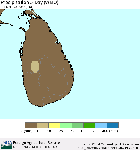 Sri Lanka Precipitation 5-Day (WMO) Thematic Map For 1/21/2022 - 1/25/2022