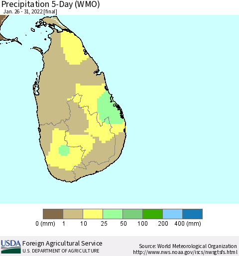 Sri Lanka Precipitation 5-Day (WMO) Thematic Map For 1/26/2022 - 1/31/2022