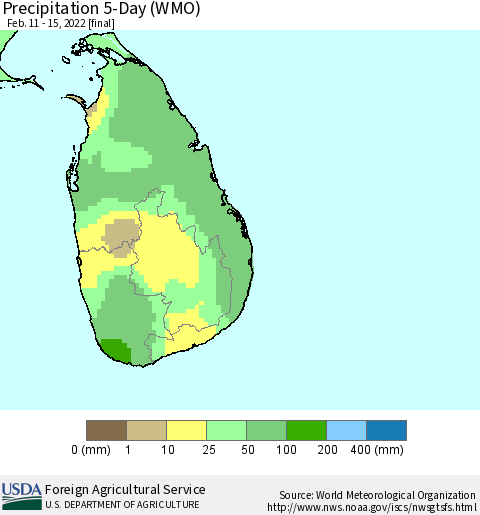 Sri Lanka Precipitation 5-Day (WMO) Thematic Map For 2/11/2022 - 2/15/2022