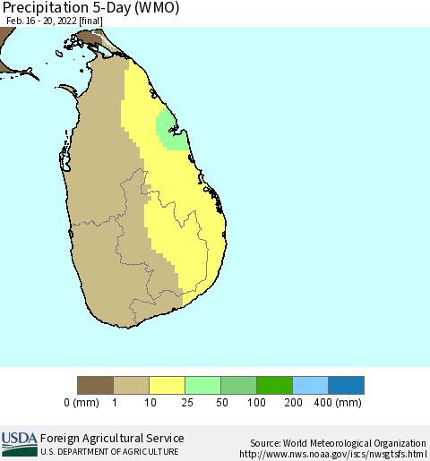 Sri Lanka Precipitation 5-Day (WMO) Thematic Map For 2/16/2022 - 2/20/2022