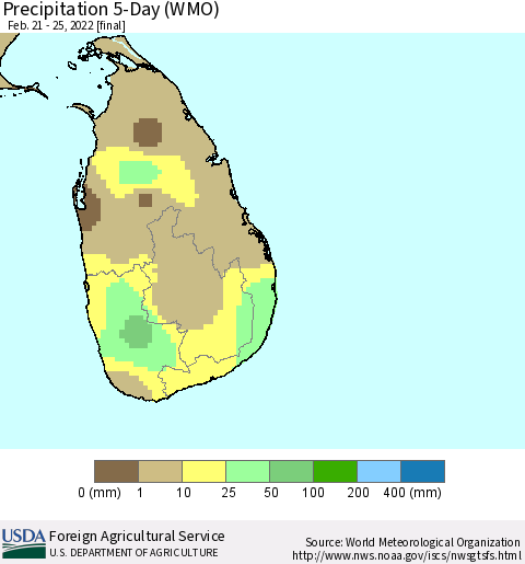 Sri Lanka Precipitation 5-Day (WMO) Thematic Map For 2/21/2022 - 2/25/2022