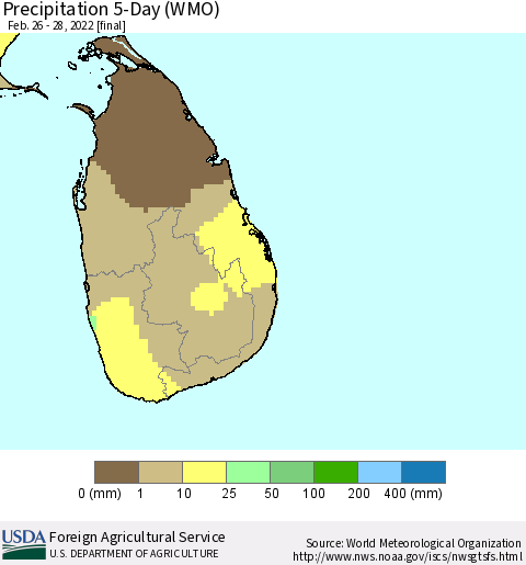 Sri Lanka Precipitation 5-Day (WMO) Thematic Map For 2/26/2022 - 2/28/2022