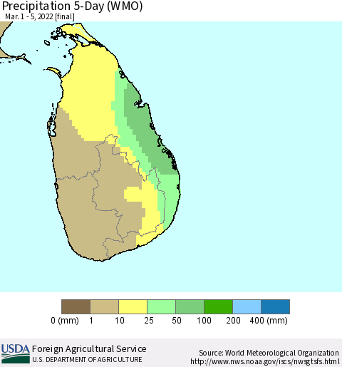 Sri Lanka Precipitation 5-Day (WMO) Thematic Map For 3/1/2022 - 3/5/2022