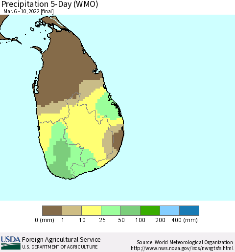 Sri Lanka Precipitation 5-Day (WMO) Thematic Map For 3/6/2022 - 3/10/2022