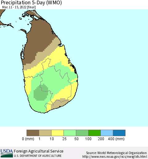 Sri Lanka Precipitation 5-Day (WMO) Thematic Map For 3/11/2022 - 3/15/2022