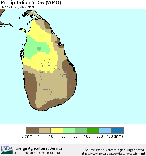 Sri Lanka Precipitation 5-Day (WMO) Thematic Map For 3/21/2022 - 3/25/2022