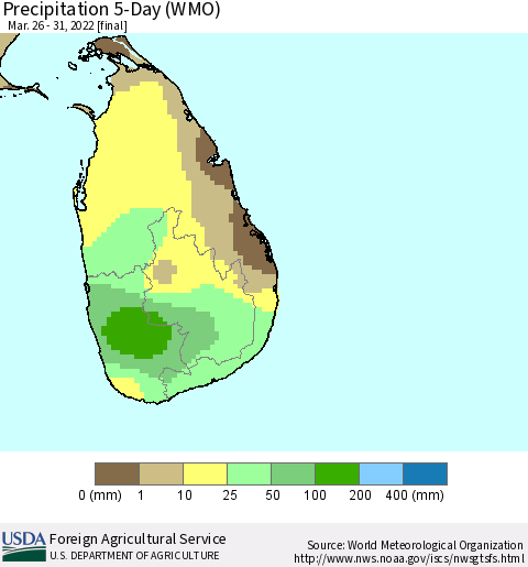 Sri Lanka Precipitation 5-Day (WMO) Thematic Map For 3/26/2022 - 3/31/2022