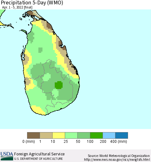 Sri Lanka Precipitation 5-Day (WMO) Thematic Map For 4/1/2022 - 4/5/2022