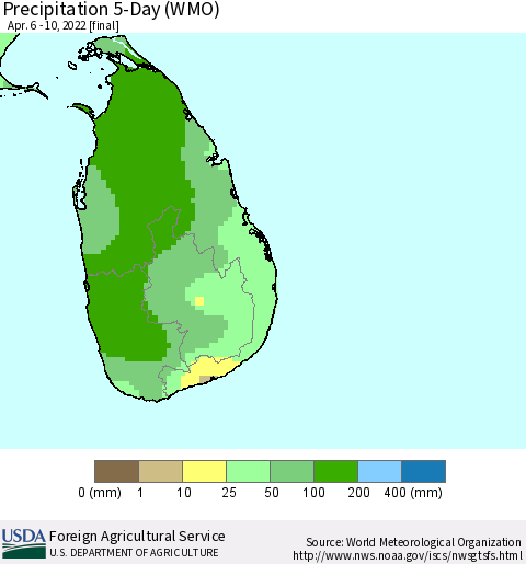 Sri Lanka Precipitation 5-Day (WMO) Thematic Map For 4/6/2022 - 4/10/2022