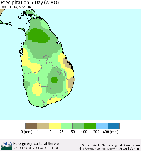 Sri Lanka Precipitation 5-Day (WMO) Thematic Map For 4/11/2022 - 4/15/2022