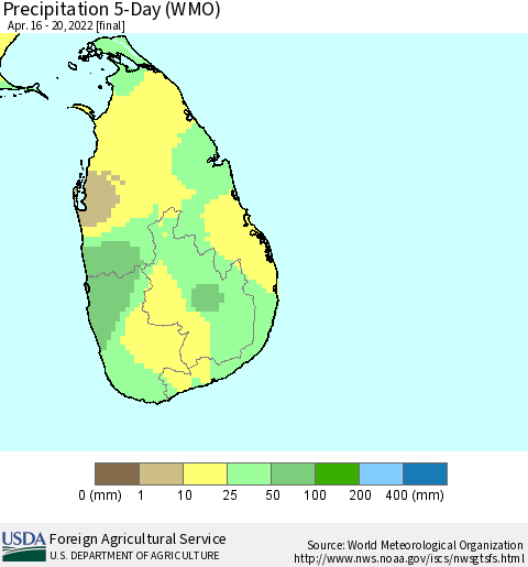 Sri Lanka Precipitation 5-Day (WMO) Thematic Map For 4/16/2022 - 4/20/2022