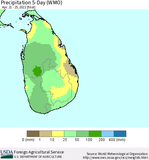 Sri Lanka Precipitation 5-Day (WMO) Thematic Map For 4/21/2022 - 4/25/2022