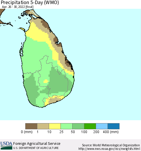 Sri Lanka Precipitation 5-Day (WMO) Thematic Map For 4/26/2022 - 4/30/2022