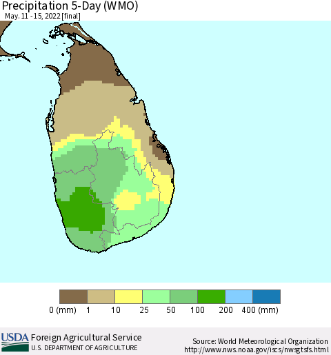 Sri Lanka Precipitation 5-Day (WMO) Thematic Map For 5/11/2022 - 5/15/2022