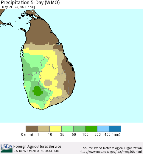Sri Lanka Precipitation 5-Day (WMO) Thematic Map For 5/21/2022 - 5/25/2022