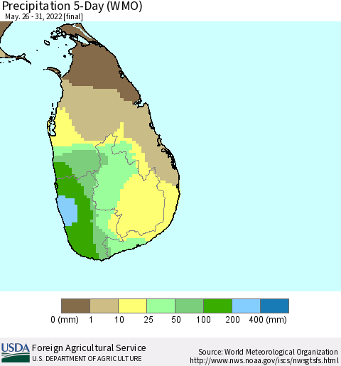 Sri Lanka Precipitation 5-Day (WMO) Thematic Map For 5/26/2022 - 5/31/2022