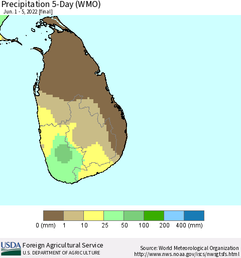 Sri Lanka Precipitation 5-Day (WMO) Thematic Map For 6/1/2022 - 6/5/2022
