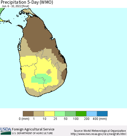 Sri Lanka Precipitation 5-Day (WMO) Thematic Map For 6/6/2022 - 6/10/2022