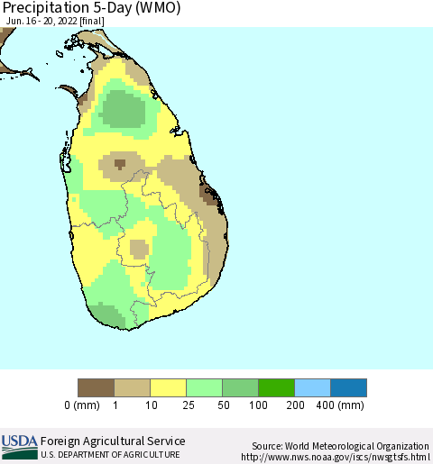 Sri Lanka Precipitation 5-Day (WMO) Thematic Map For 6/16/2022 - 6/20/2022