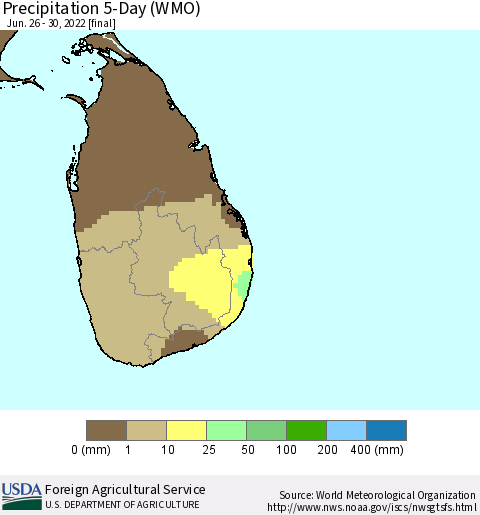 Sri Lanka Precipitation 5-Day (WMO) Thematic Map For 6/26/2022 - 6/30/2022