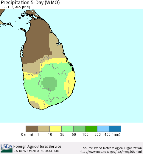 Sri Lanka Precipitation 5-Day (WMO) Thematic Map For 7/1/2022 - 7/5/2022