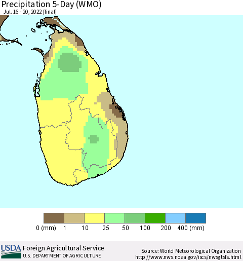 Sri Lanka Precipitation 5-Day (WMO) Thematic Map For 7/16/2022 - 7/20/2022