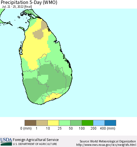 Sri Lanka Precipitation 5-Day (WMO) Thematic Map For 7/21/2022 - 7/25/2022
