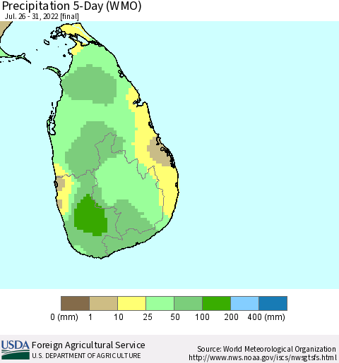 Sri Lanka Precipitation 5-Day (WMO) Thematic Map For 7/26/2022 - 7/31/2022