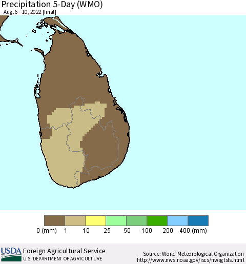 Sri Lanka Precipitation 5-Day (WMO) Thematic Map For 8/6/2022 - 8/10/2022