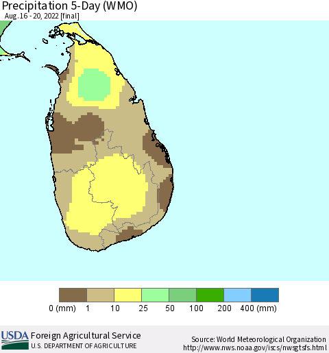 Sri Lanka Precipitation 5-Day (WMO) Thematic Map For 8/16/2022 - 8/20/2022