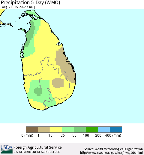 Sri Lanka Precipitation 5-Day (WMO) Thematic Map For 8/21/2022 - 8/25/2022