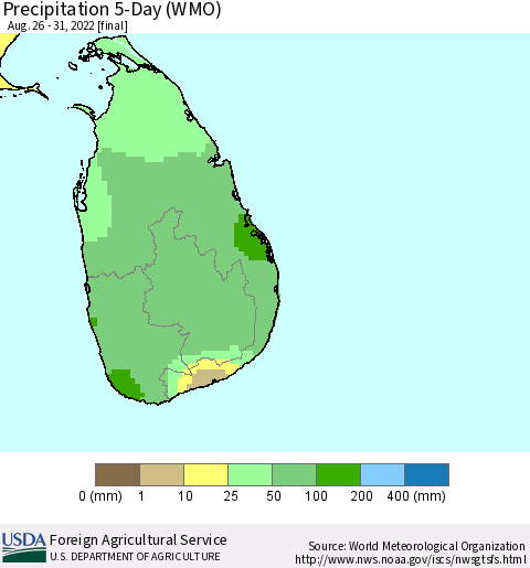 Sri Lanka Precipitation 5-Day (WMO) Thematic Map For 8/26/2022 - 8/31/2022