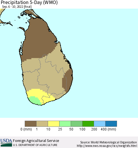 Sri Lanka Precipitation 5-Day (WMO) Thematic Map For 9/6/2022 - 9/10/2022