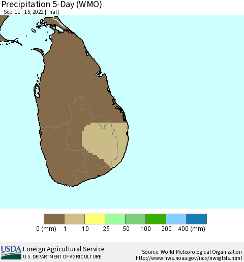 Sri Lanka Precipitation 5-Day (WMO) Thematic Map For 9/11/2022 - 9/15/2022