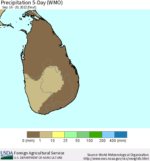 Sri Lanka Precipitation 5-Day (WMO) Thematic Map For 9/16/2022 - 9/20/2022