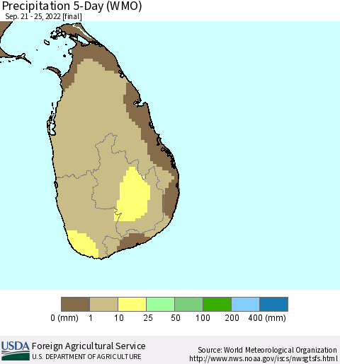 Sri Lanka Precipitation 5-Day (WMO) Thematic Map For 9/21/2022 - 9/25/2022