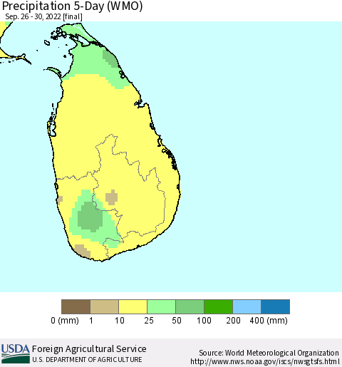 Sri Lanka Precipitation 5-Day (WMO) Thematic Map For 9/26/2022 - 9/30/2022