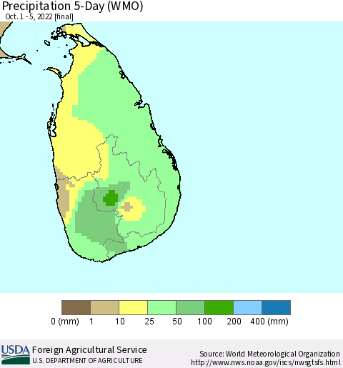 Sri Lanka Precipitation 5-Day (WMO) Thematic Map For 10/1/2022 - 10/5/2022