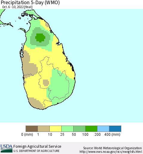 Sri Lanka Precipitation 5-Day (WMO) Thematic Map For 10/6/2022 - 10/10/2022
