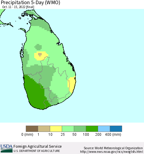 Sri Lanka Precipitation 5-Day (WMO) Thematic Map For 10/11/2022 - 10/15/2022