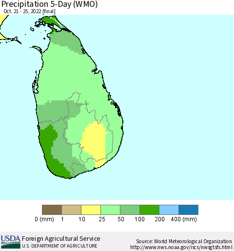 Sri Lanka Precipitation 5-Day (WMO) Thematic Map For 10/21/2022 - 10/25/2022